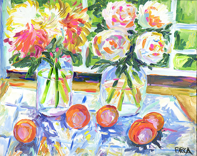 "Two Vases and Five Fruits"